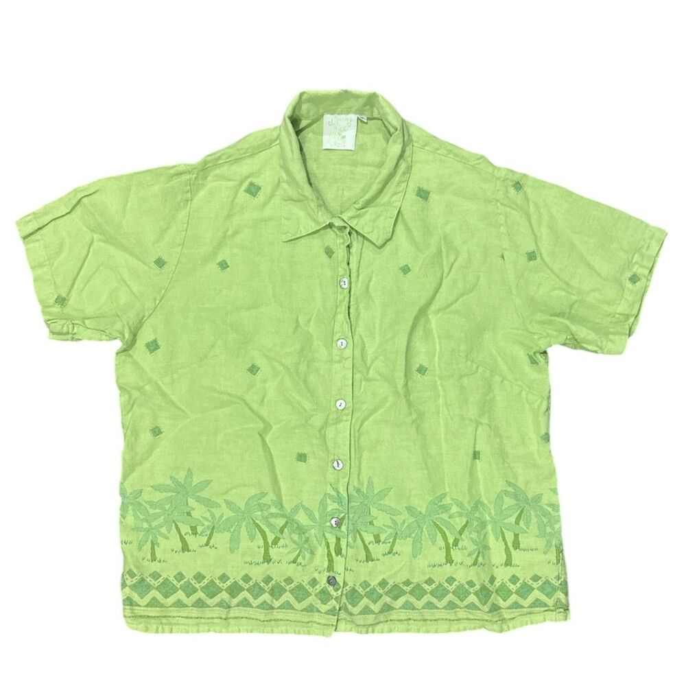 Vintage 90s Johnny Was Linen Shirt Button Up Tropical Palm Tree Boho USA Size M